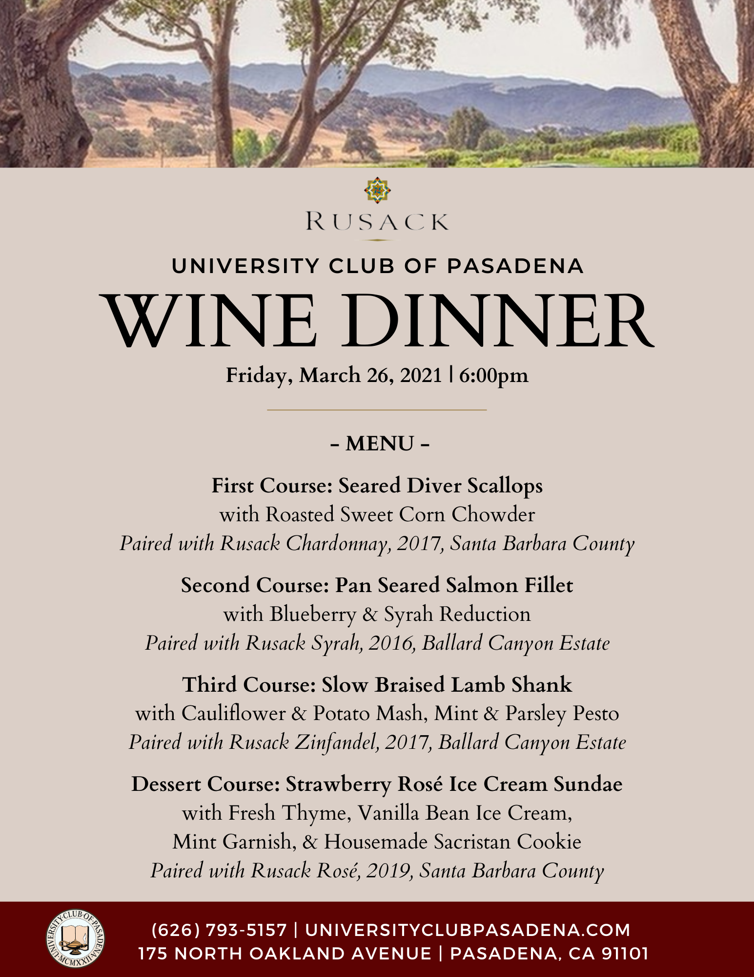 Wine Dinner with Rusack Vineyards 3/26/2021 University Club of Pasadena